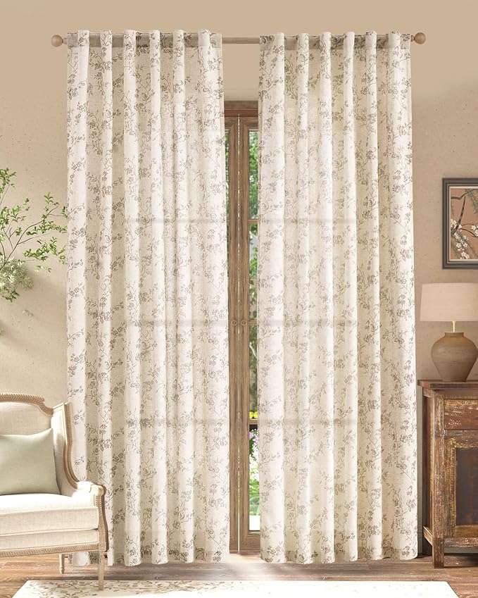 jinchan Taupe Floral Linen Curtains 90 Inch Farmhouse Back Tab 2 Panels | - Image 2