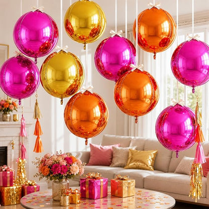 9 Pcs Pink Orange Gold Round Foil Balloons 22 In Metallic Hot Pink Gold Orange - Image 4