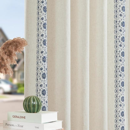 jinchan Floral Linen Curtains Embroidered Back Tab 50x72in 2 Panels Blue | - Image 8