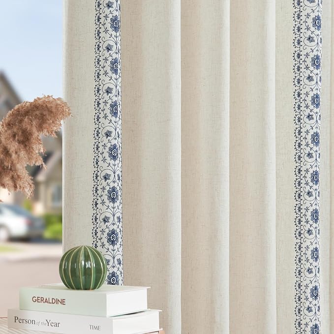 jinchan Floral Linen Curtains Embroidered Back Tab 50x96in 2 Panels Blue | - Image 8