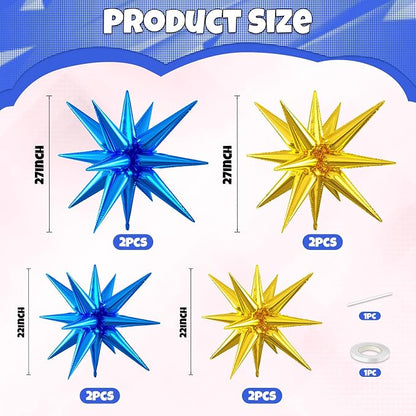 Blue Gold Star Balloons, 22/27 Inch Gold and Blue Star Foil Aluminum Balloons - Image 2