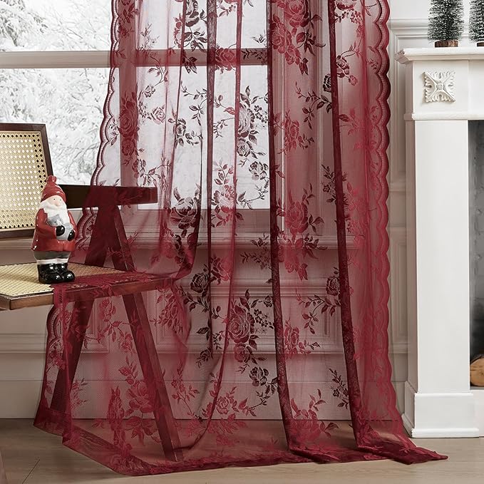 Burgundy Lace Curtains 63 Inch Length Vintage Floral Sheer Curtains 2 Panels set - Image 5