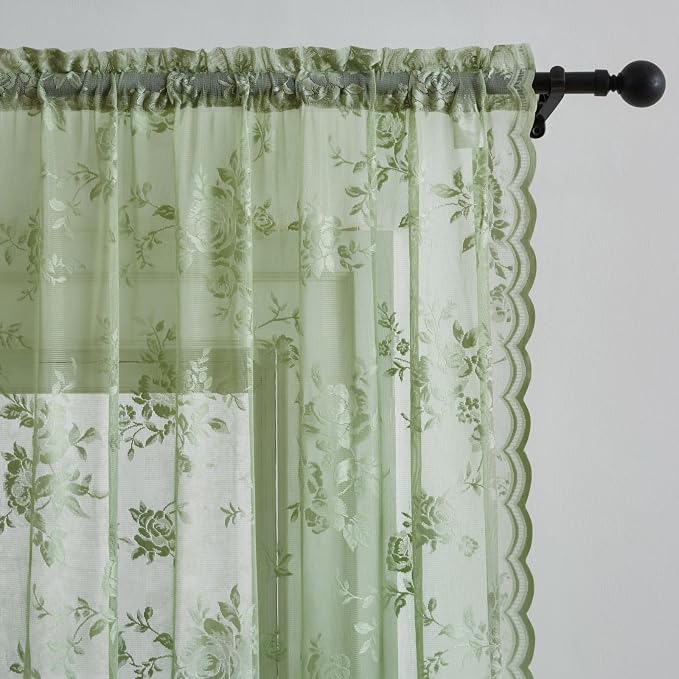 Sage Green Lace Curtains 102 Inches Long Spring Country Floral Sheer Curtains - Image 3