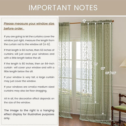 WAZZIO Boho Lace Curtains 2 Panels 96 Inch -Vintage Victorian Sheer Panel Drape - Image 7
