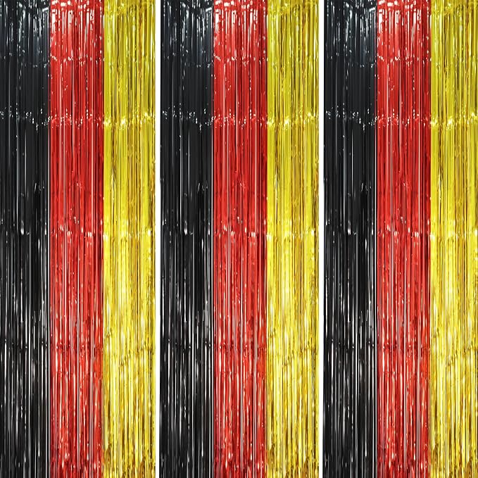 Voircoloria Red Black Gold Fringe Backdrop Curtains, 3 Pack | Tinsel Streamers by Voircoloria