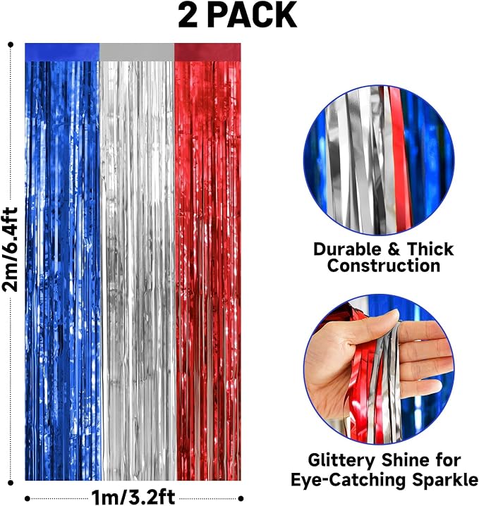 jijAcraft Red White Blue Tinsel Foil Fringe Curtain, 2 Pack 3.2x6.5 Feet - Image 2