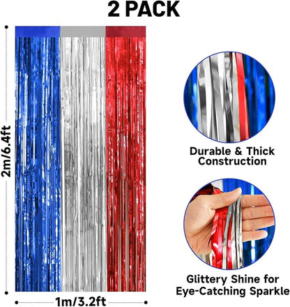 jijAcraft Red White Blue Tinsel Foil Fringe Curtain, 2 Pack 3.2x6.5 Feet - Image 2
