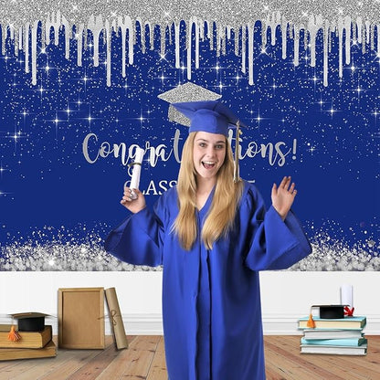 Mocsicka Blue and Sliver Graduation Backdrop Congratulations Class of 2026 - Image 8
