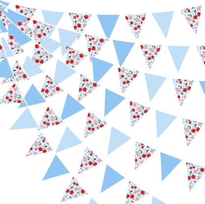 32Ft Blue Gingham Cheery Pennant Banner Fabric Triangle Flag Garland Streamers by pinkblume