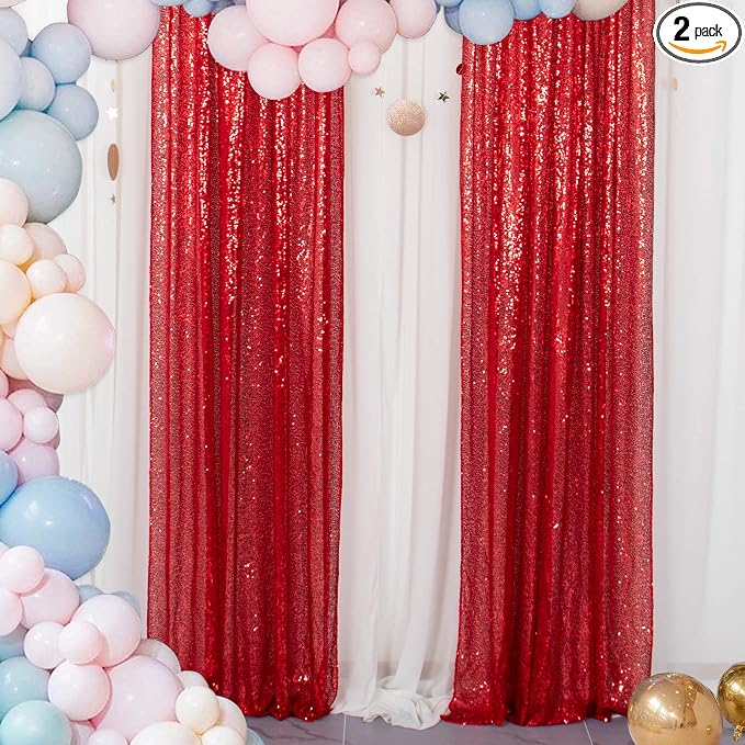 ShinyBeauty Sequin Curtains 2 Panels Red 2FTx8FT Sequin Photo Backdrop Red by ShinyBeauty