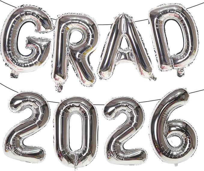 Silver GRAD 2026 Banner Balloons, 16 Inch Mylar Foil letter Graduation Balloons by KALOR