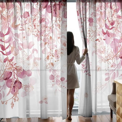 Pink Floral Leaf Sheer Curtains - Image 7