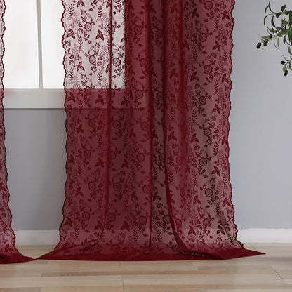 FINECITY Burgundy Lace Sheer Curtains Vintage Floral 42 x 72 Inch, 2 Panels | - Image 6