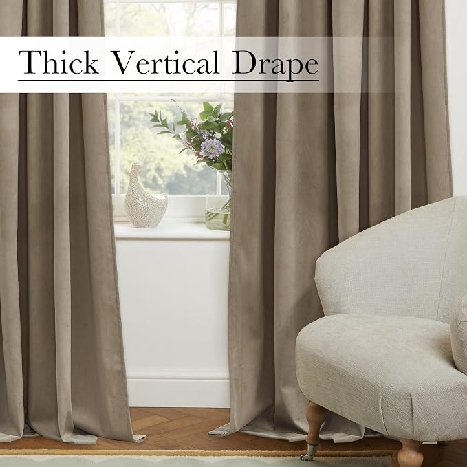 Camel Beige Velvet Curtains Back Tab Thermal Insulated Privacy Room Divider - Image 8