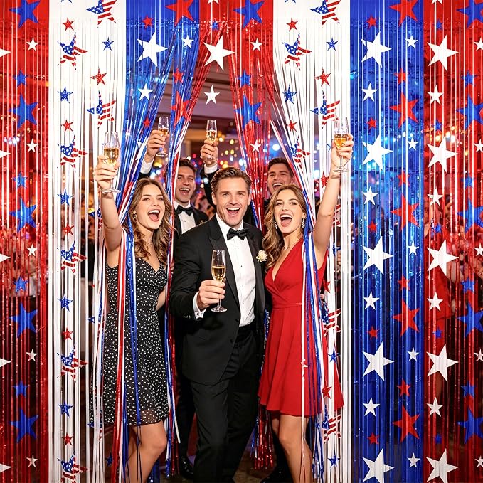 jijAcraft Red White Blue Star Tinsel Foil Fringe Curtain, 3 Pack 3.2x6.5 Feet - Image 5