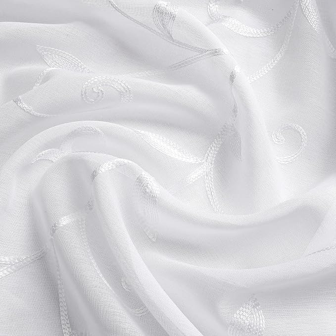 White Sheer Curtains Embroidered Leaves 2 Panels 54Wx84L | Light Filtering - Image 4