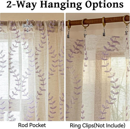 2 Panels Linen Leaf String Floral Embroidered Semi Sheer Curtain Farmhouse - Image 5