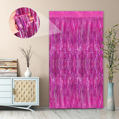 Rose Pink Party Streamers 2 Pack Glitter Foil Fringe Curtain 3.3 x 8.3ft Pink - Image 4