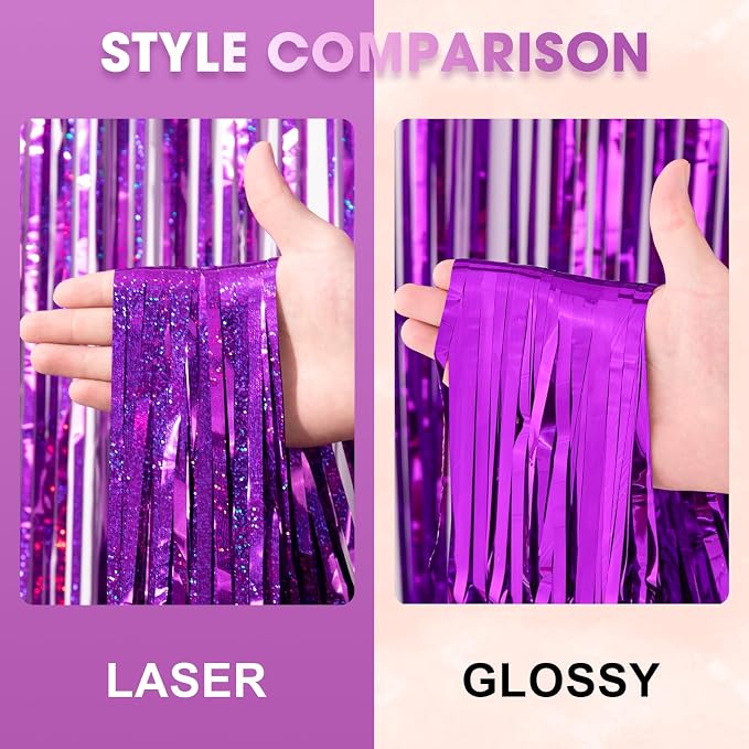Voircoloria Laser Purple Foil Fringe Backdrop Curtains, 2 Pack | Tinsel - Image 3