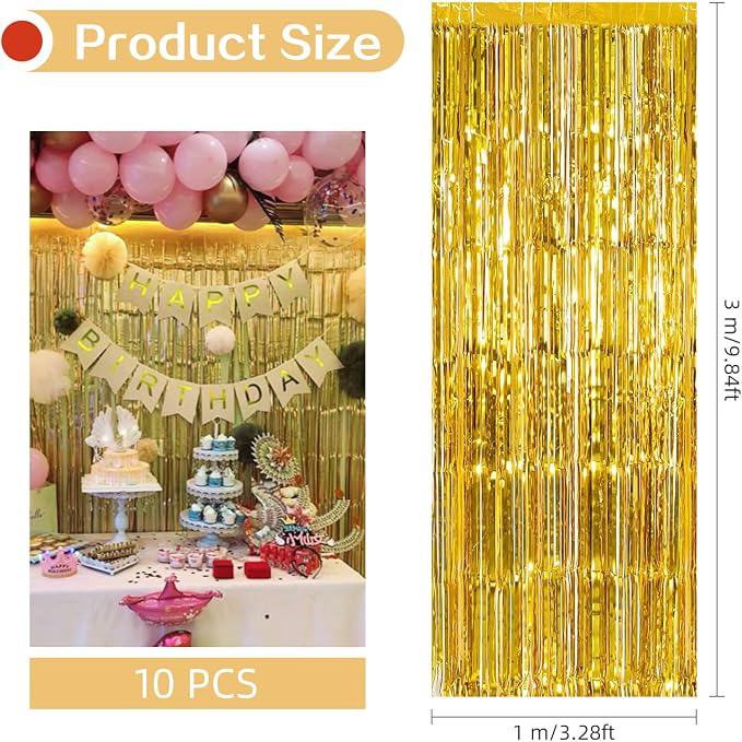 10 Pack Gold Foil Curtain Backdrop 3.2ft x 9.8ft Metallic Tinsel Foil Fringe - Image 3