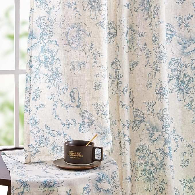 jinchan Blue Floral Linen Curtains 90 Inch Vintage Back Tab 2 Panels | Light - Image 6