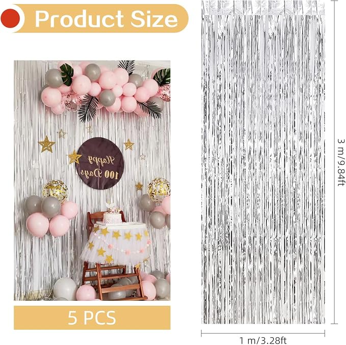5 Pack Silver Foil Curtain Backdrop 3.2ft x 9.8ft Metallic Tinsel Foil Fringe - Image 3