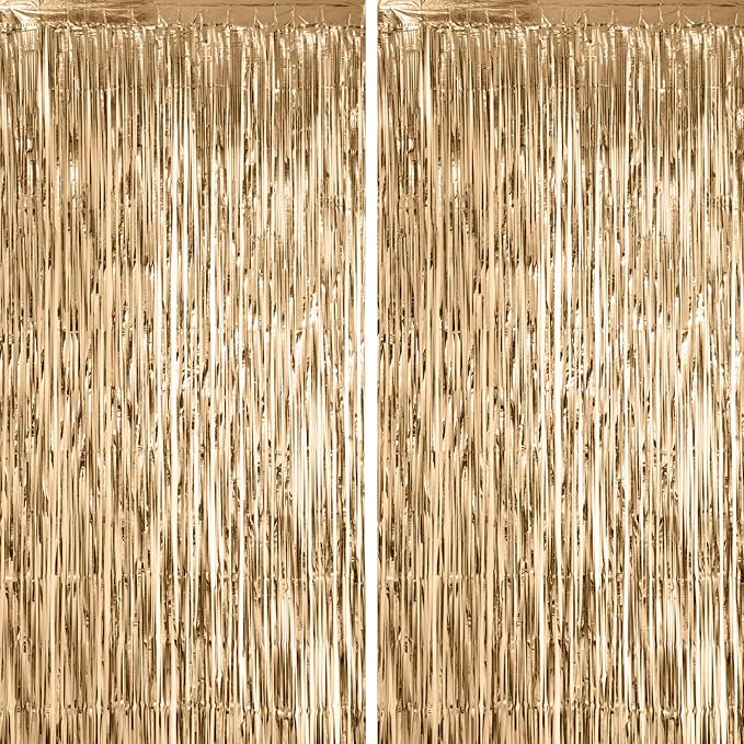 Voircoloria Champagne Foil Fringe Backdrop Curtains, 2 Pack | Tinsel Streamers by Voircoloria