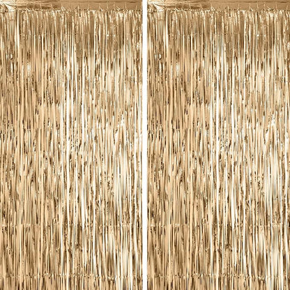 Voircoloria Champagne Foil Fringe Backdrop Curtains, 2 Pack | Tinsel Streamers by Voircoloria