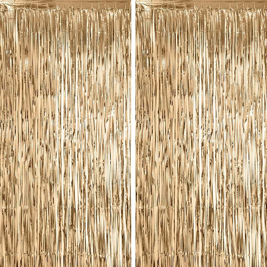 Voircoloria Champagne Foil Fringe Backdrop Curtains, 2 Pack | Tinsel Streamers by Voircoloria