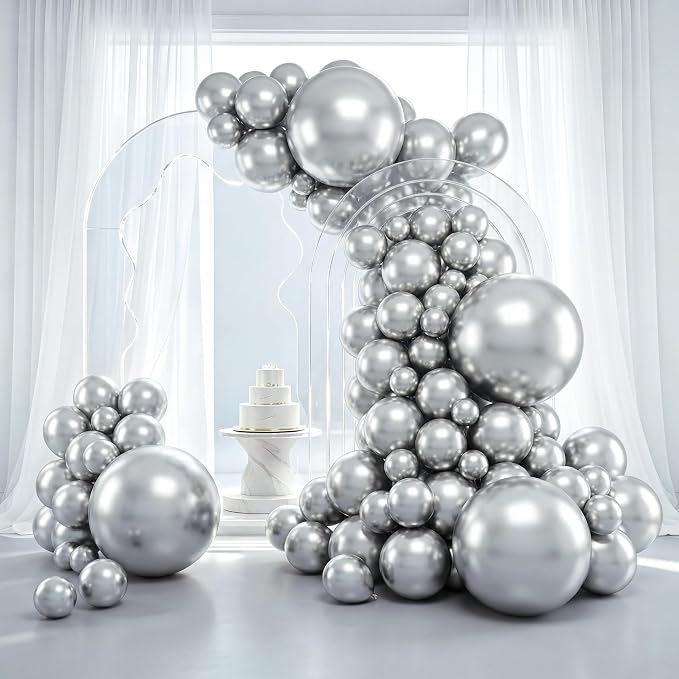 RUBFAC Silver Balloons Different Sizes 129pcs Metallic Balloon Arch Kit | by RUBFAC