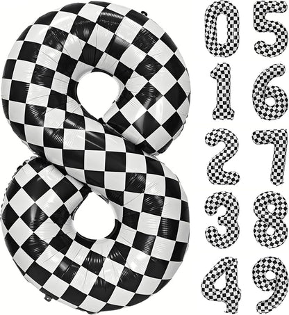 40In Black White Checkered Number 8 Balloon Race Car Digital Foil 8 Balloon | by YOIOZAIZAI