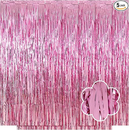 5 Pack Pink Foil Curtain Backdrop 3.2ft x 9.8ft Metallic Tinsel Foil Fringe by Ohiyoo