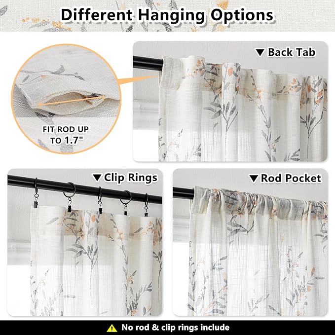 MYSKY HOME Sheer Curtains 108 Inch Length Semi Flax Linen Floral Farmhouse - Image 4