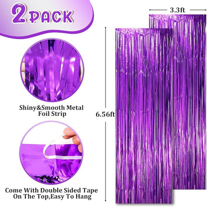 Voircoloria Purple Foil Fringe Backdrop Curtains, 2 Pack | Tinsel Streamers - Image 2