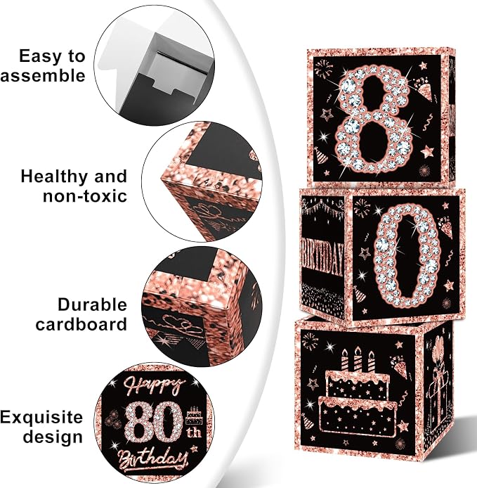 Eiurteao 3pcs Rose Gold 80th Birthday Decorations Boxes - Image 5