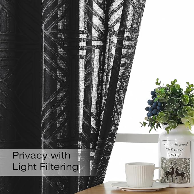 Simplebrand Black Semi Sheer Curtains 45 Inch Length 2 Panels, Geometric - Image 2