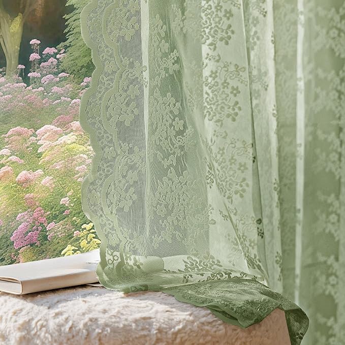 Anmao Vintage Sage Green Lace Curtains 90 Inches Long 2 Panels Sets, Romantic by Anmao