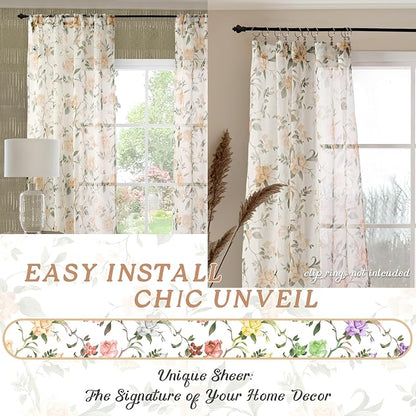 Floral Sheer Curtains for Bedroom Window 63 Inch Length 2 Panels, Farmhouse - Image 7