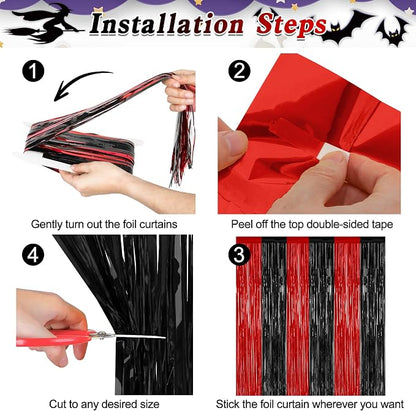 ZATAYE 8 Pack Black Red Halloween Foil Curtain Streamer Decorations | Black Red - Image 3