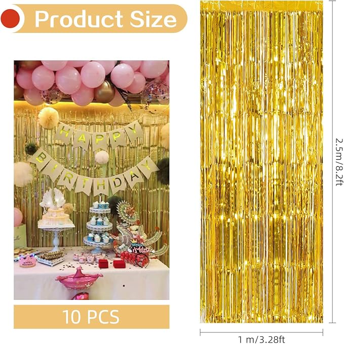 10 Pack Gold Backdrop Curtain 3.2ft x 8.2ft Metallic Tinsel Foil Fringe - Image 3