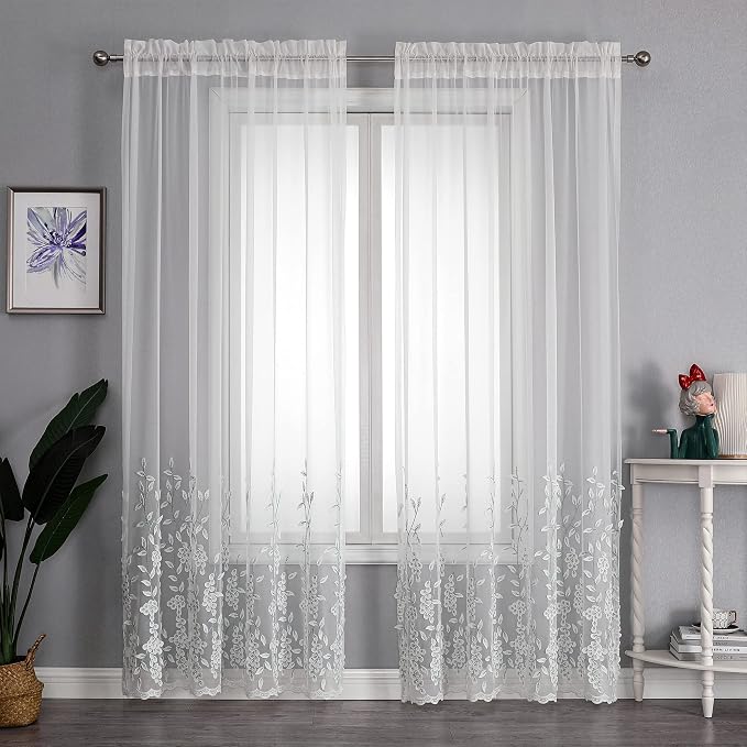 White Sheer Voile Curtains White Embossed Leaves 54Wx96L Inch | Light Filtering - Image 4