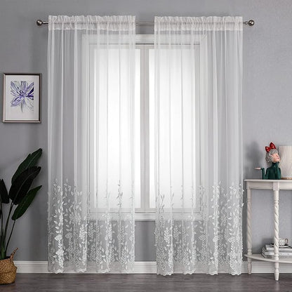 White Sheer Voile Curtains White Embossed Leaves 54Wx96L Inch | Light Filtering - Image 4