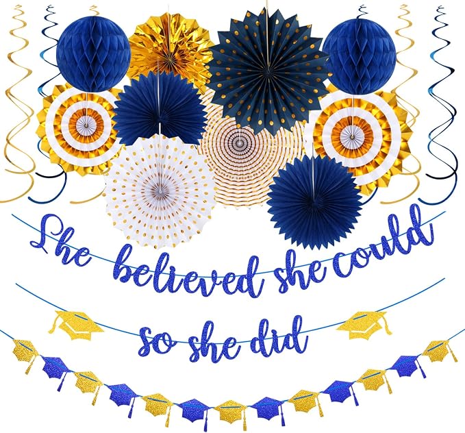 Navy-Blue Gold Party-Decorations Graduation Banner-Streamers by Panduola