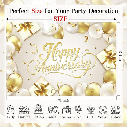Happy Anniversary Backdrop Banner White Gold Elegant Photography Background - Image 6