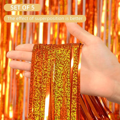 5 Pack Orange Foil Curtain Backdrop 3.2ft x 9.8ft Metallic Tinsel Foil Fringe - Image 2