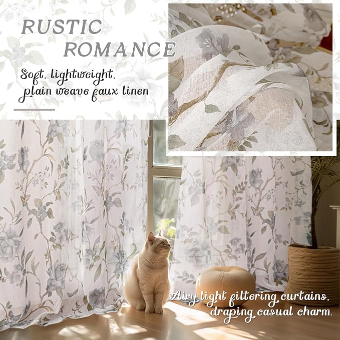 Sheer Curtains 54 Inch Length 2 Panels Set, Floral Patterned Linen Look - Image 4