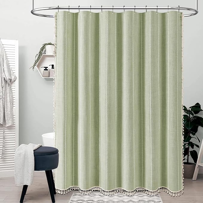Sage Green Cream Boho Farmhouse Linen Heavy Duty Shower Curtain, 72x72 | 330GSM - Image 2