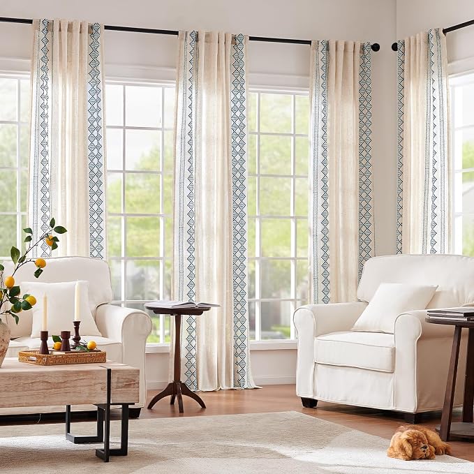 jinchan Floral Linen Curtains Embroidered Back Tab 50x63in 2 Panels Blue | - Image 5