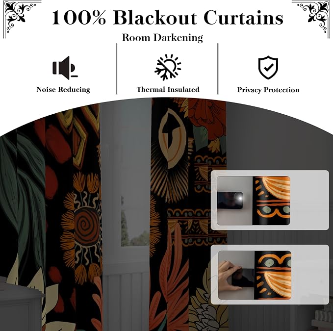 Tyrot 100% Blackout Black Boho Floral Curtains - Image 2