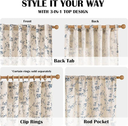 Blue Vintage Floral Linen Curtains Farmhouse 50W X 63L 2 Panels | Elisa Series - Image 5